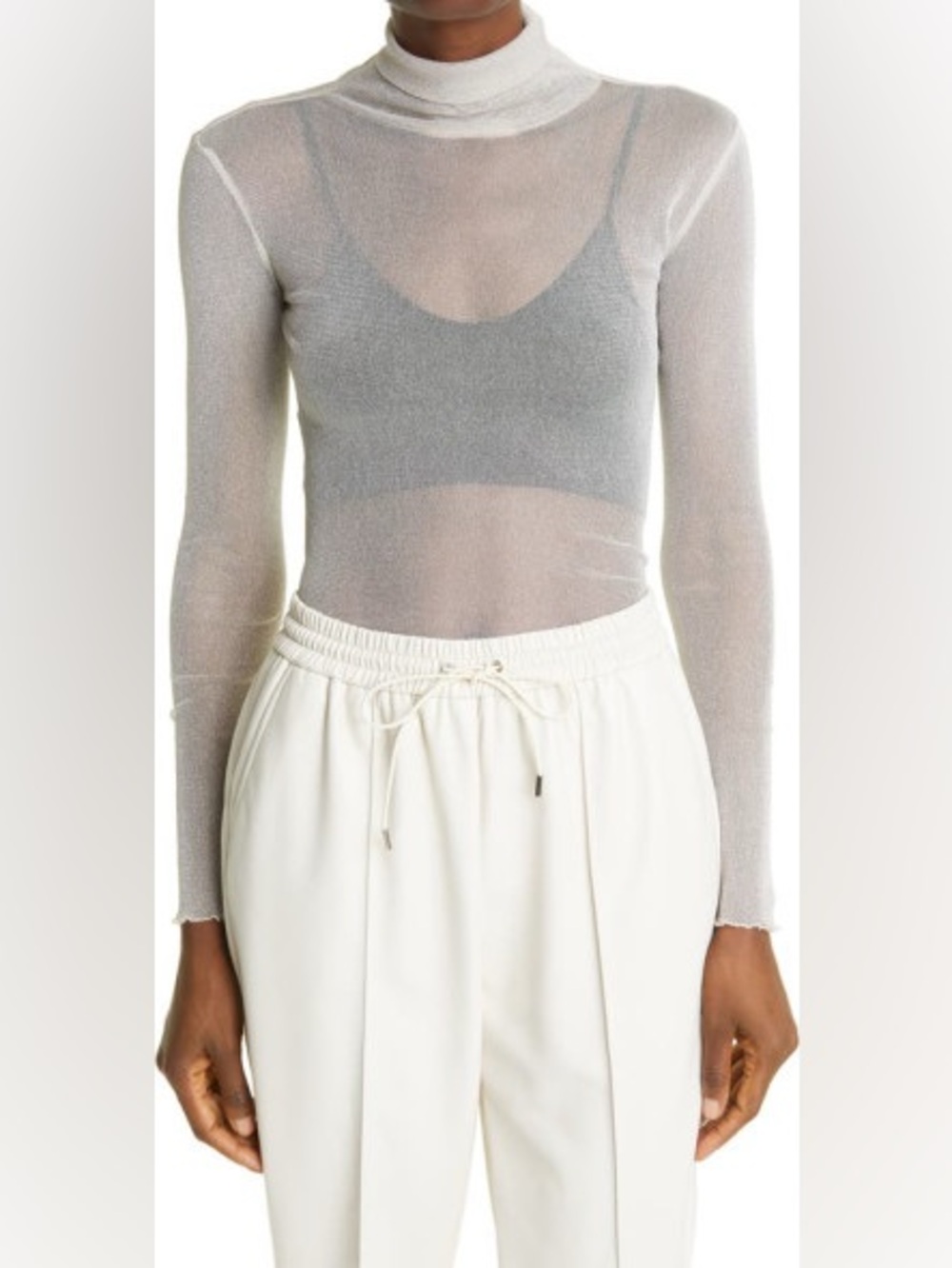 Jonathan Simkhai Standard Charli Metallic Tulle Turtleneck Top Champagne Small